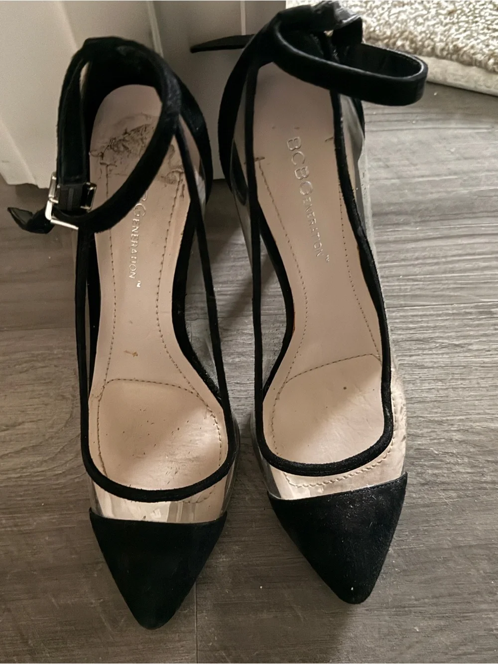 BCBGeneration Black Pointed-Toe Ankle-Strap Pumps with Clear Panels